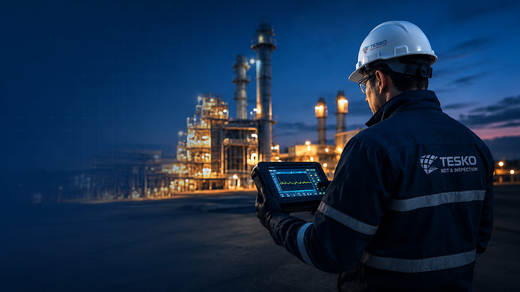 TESKO field engineer inspecting a petrochemical plant at dusk with a tablet